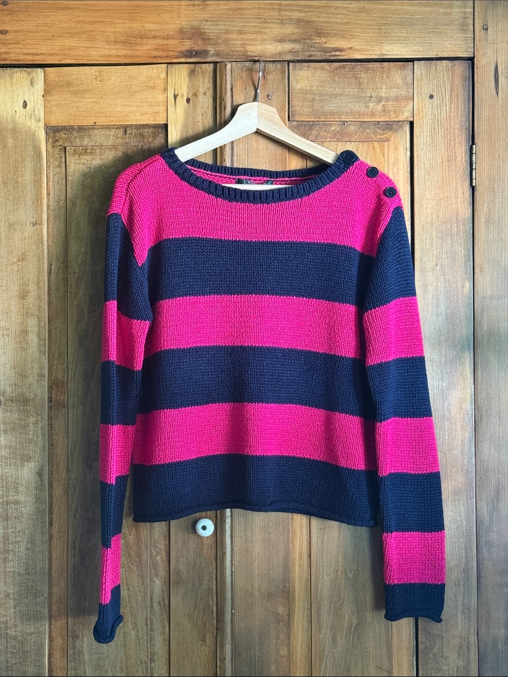 Lauren Ralph Lauren L Pink and Navy Striped Button-Shoulder Sweater Coastal